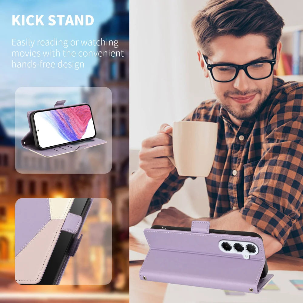 For Samsung Galaxy A18 5G / Galaxy A17 5G / Galaxy A17 4G / Galaxy A26 5G / Galaxy F17 5G / Galaxy M17 5G / Galaxy A18 4G Case Color Stitching RFID Blocking Wallet Flip Leather Phone Cover with Wrist Strap - Light Purple - 2