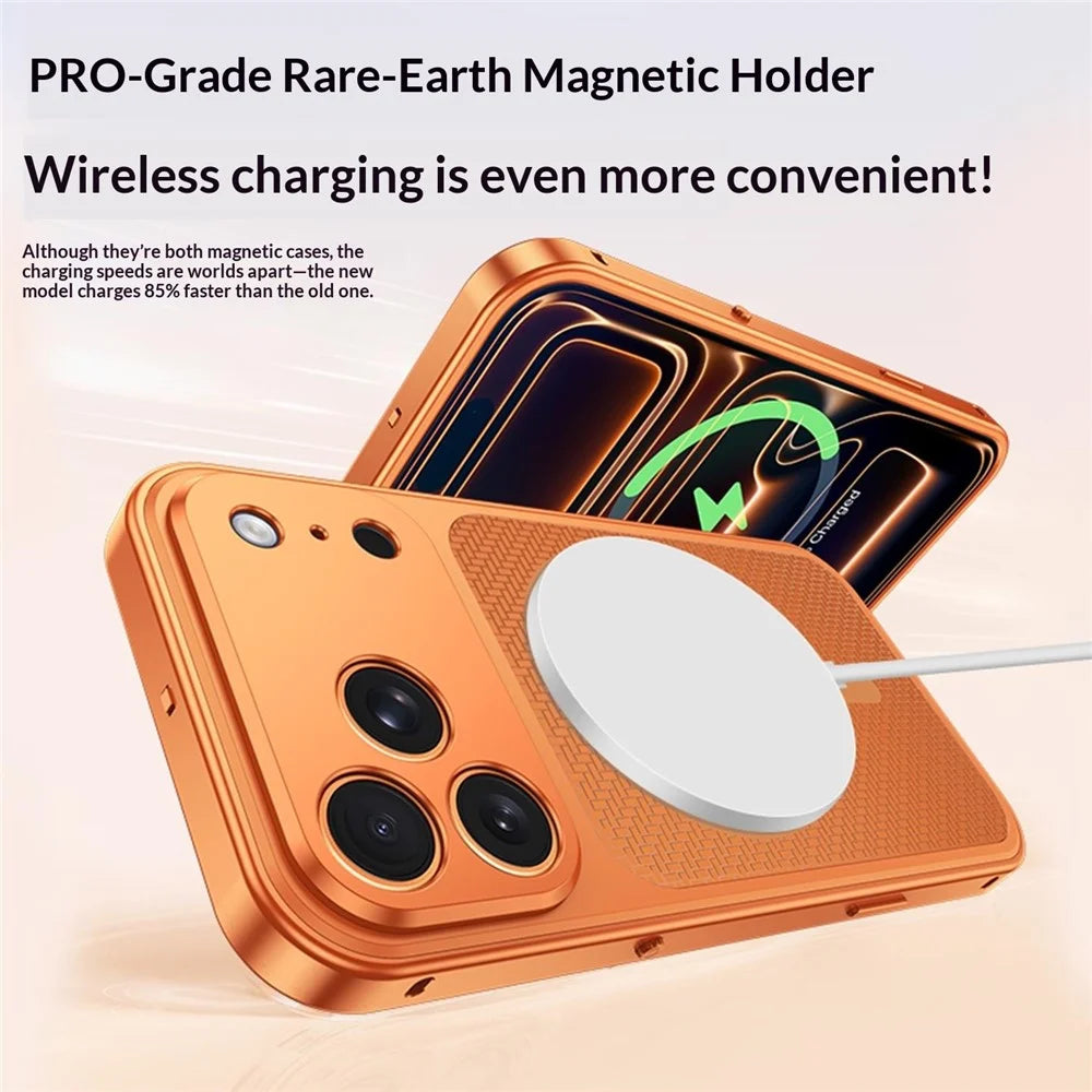 For iPhone 18 Pro / 17 Pro Magnetic Case Heat Dissipation Snap-On Metal + PC Phone Cover - Titanium Orange - 3