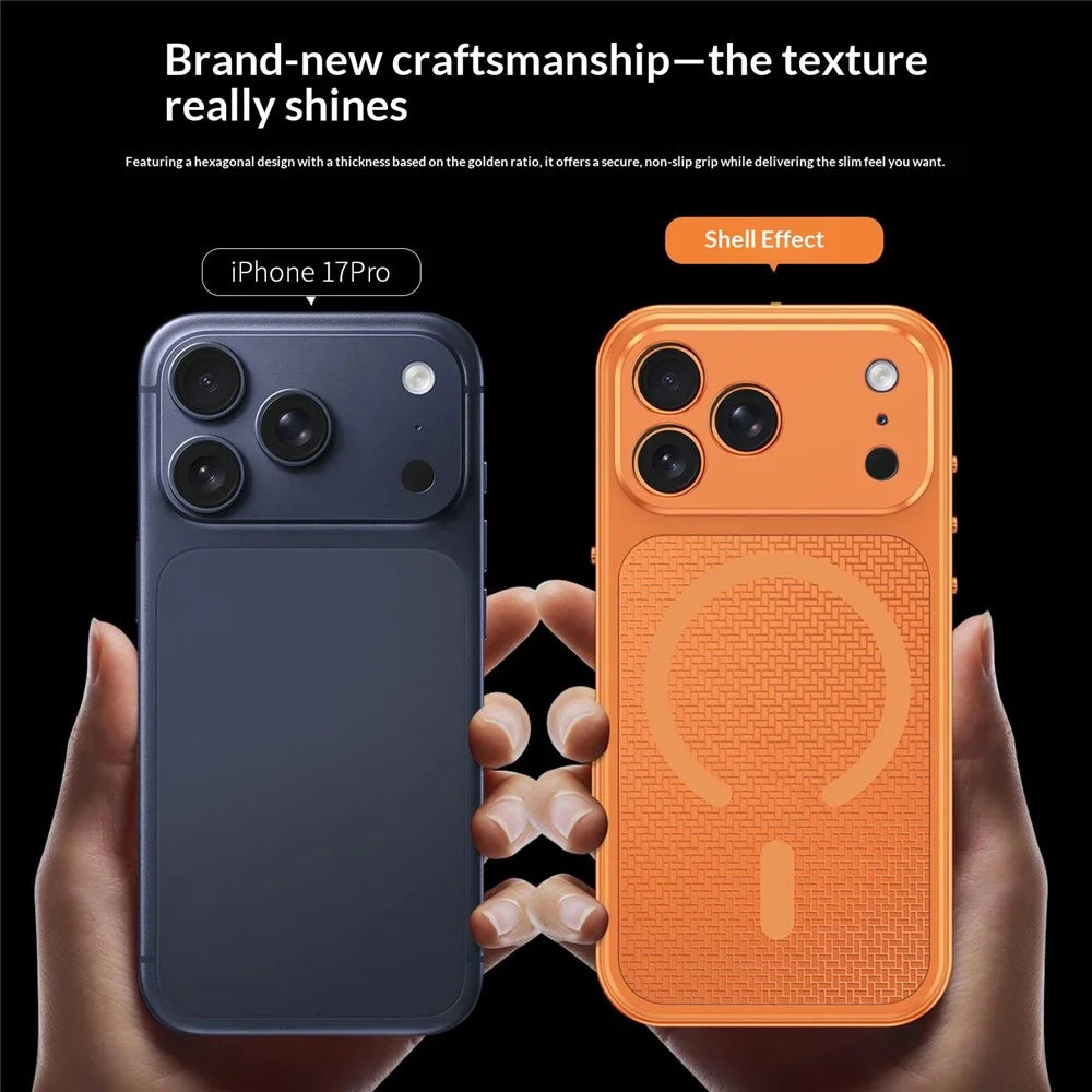 For iPhone 18 Pro / 17 Pro Magnetic Case Heat Dissipation Snap-On Metal + PC Phone Cover - Titanium Orange - 5