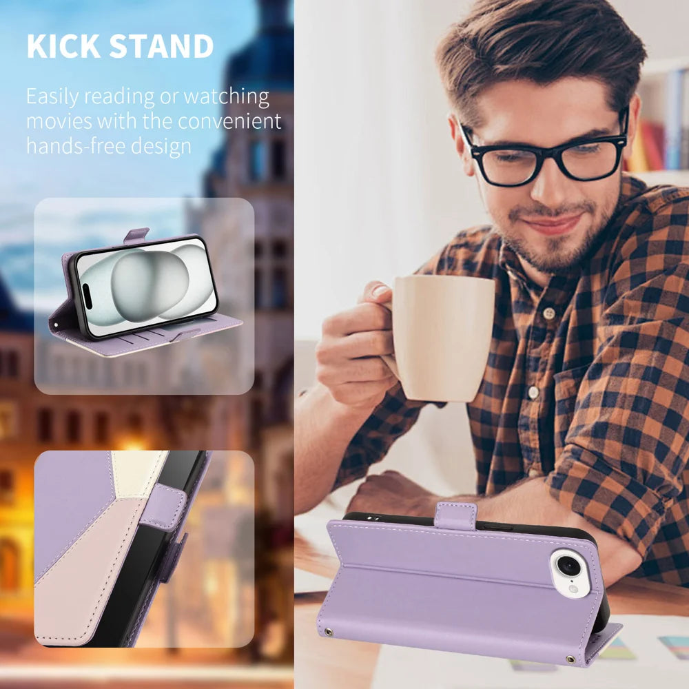 For iPhone 16e / iPhone 17e Case Color Stitching RFID Blocking Wallet Flip Leather Phone Cover with Wrist Strap - Light Purple - 2