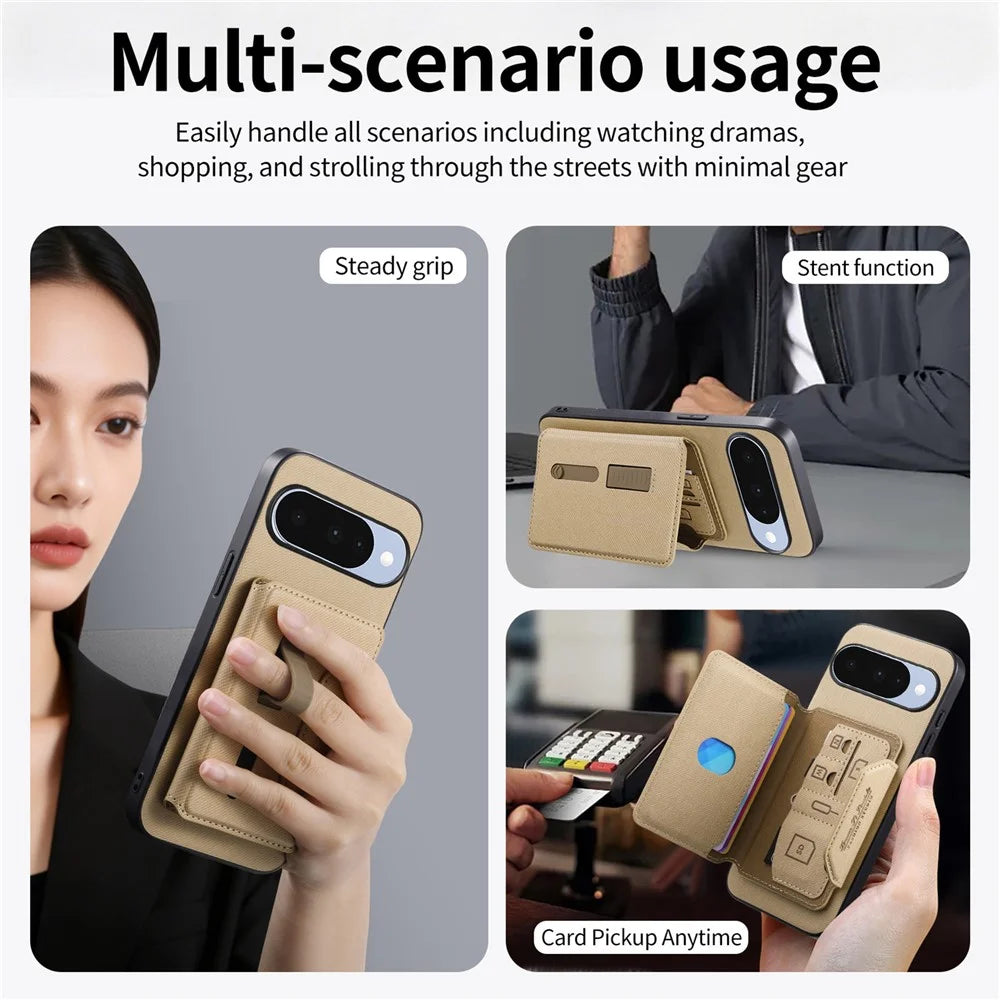 For Google Pixel 10 Pro / Pixel 10 Magnetic Case PU Leather + PC + TPU Anti-Scratch Back Cover with Detachable Card Holder - Khaki - 5