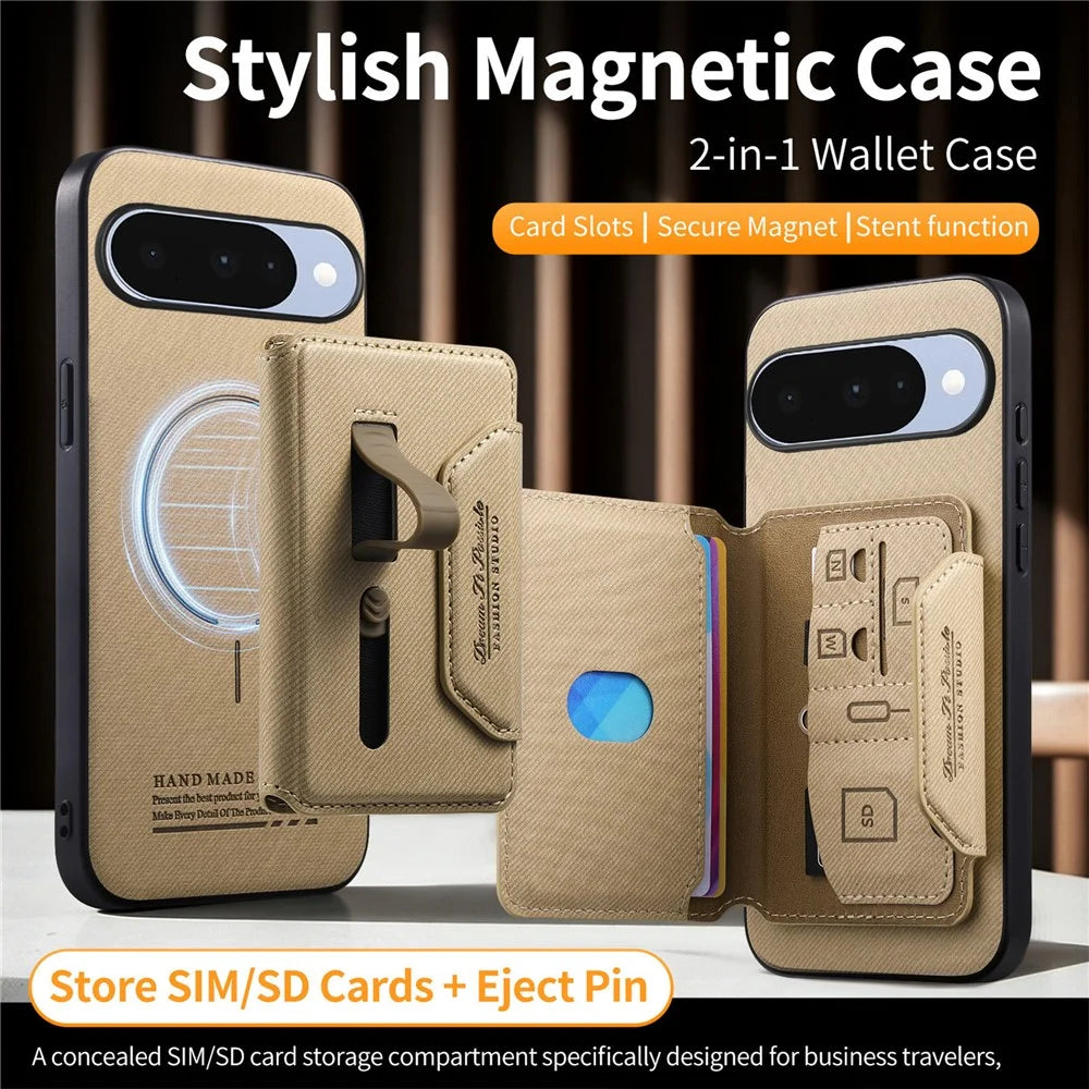 For Google Pixel 10 Pro / Pixel 10 Magnetic Case PU Leather + PC + TPU Anti-Scratch Back Cover with Detachable Card Holder - Khaki - 7