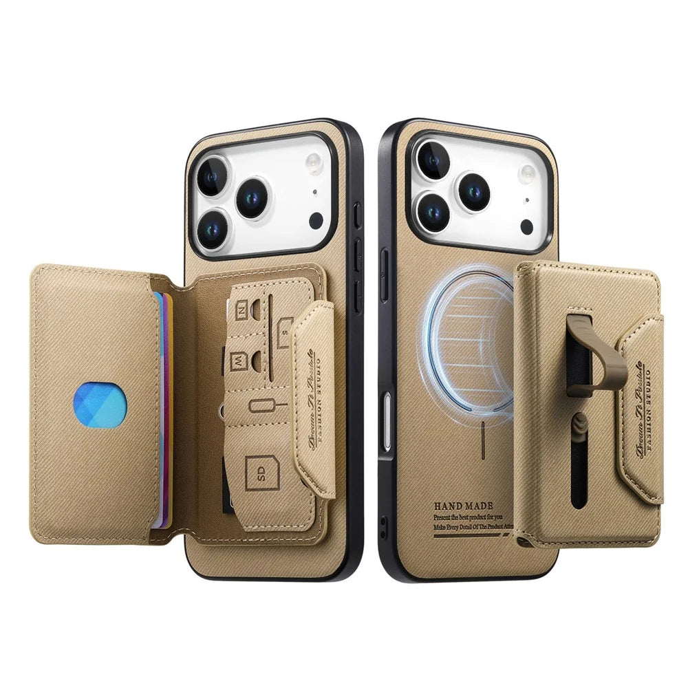 For iPhone 18 Pro Max / 17 Pro Max Magnetic Case PU Leather + PC + TPU Anti-Scratch Back Cover with Detachable Card Holder - Khaki - 2
