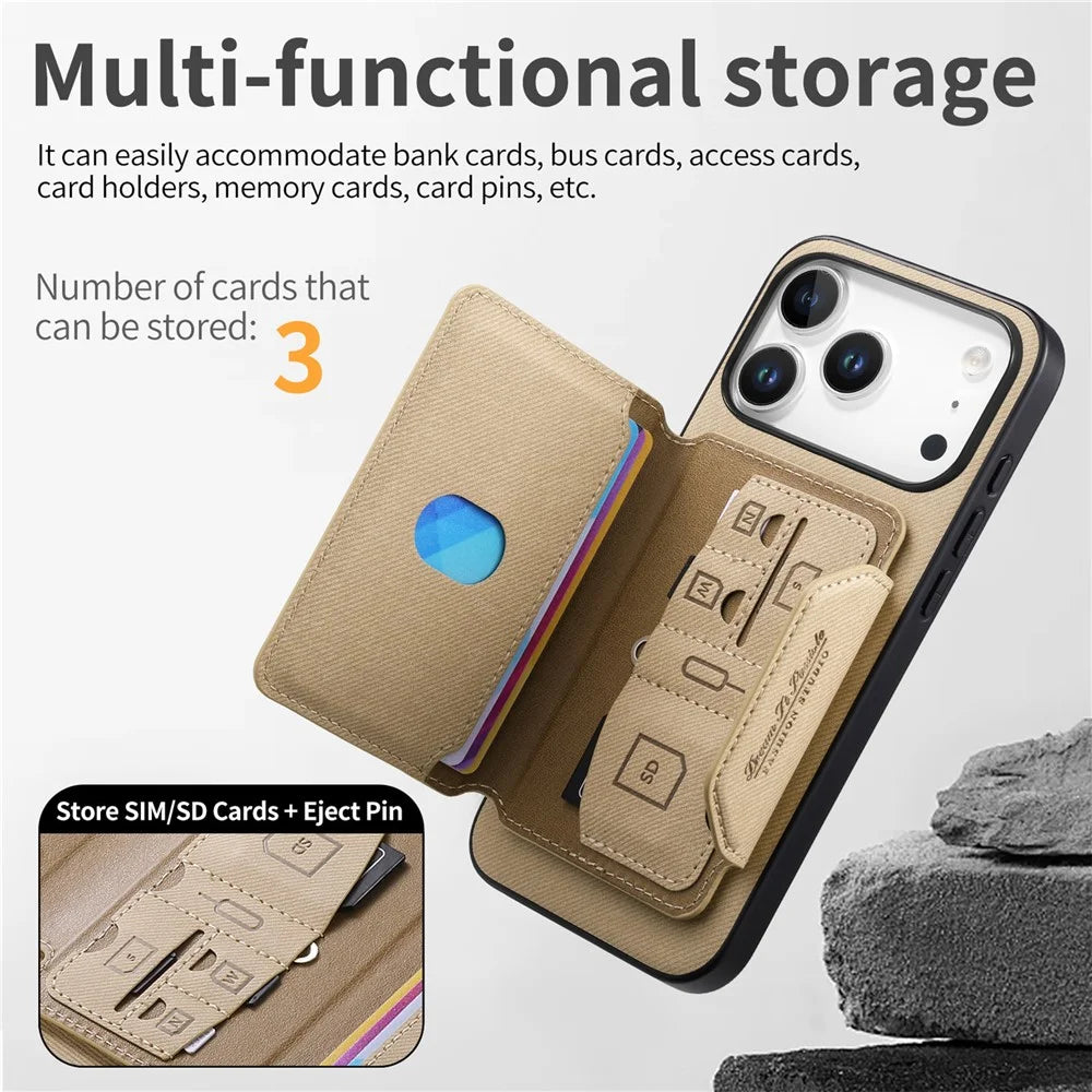 For iPhone 18 Pro Max / 17 Pro Max Magnetic Case PU Leather + PC + TPU Anti-Scratch Back Cover with Detachable Card Holder - Khaki - 4