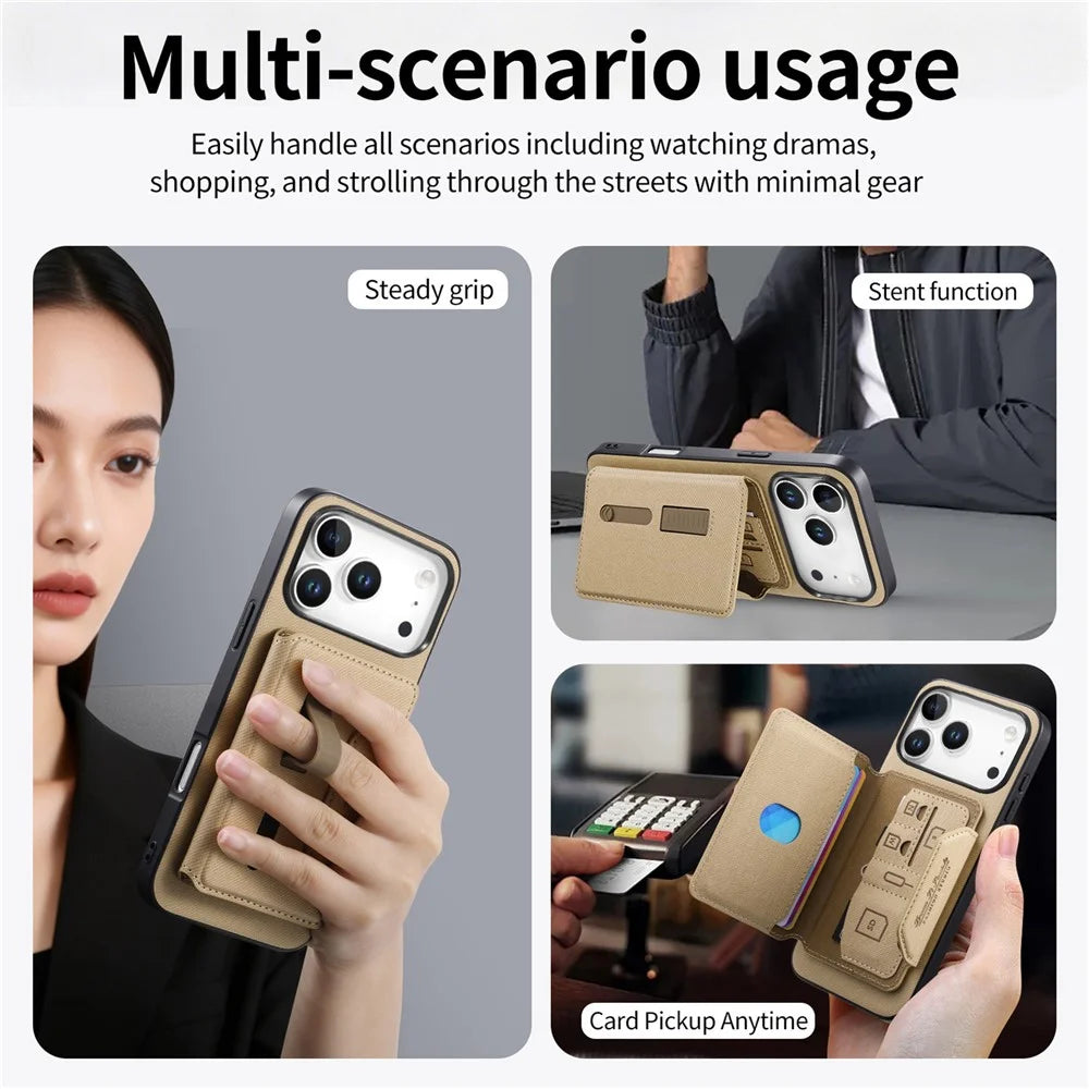 For iPhone 18 Pro Max / 17 Pro Max Magnetic Case PU Leather + PC + TPU Anti-Scratch Back Cover with Detachable Card Holder - Khaki - 5
