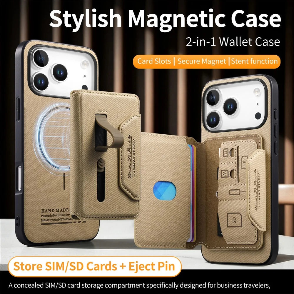 For iPhone 18 Pro Max / 17 Pro Max Magnetic Case PU Leather + PC + TPU Anti-Scratch Back Cover with Detachable Card Holder - Khaki - 7