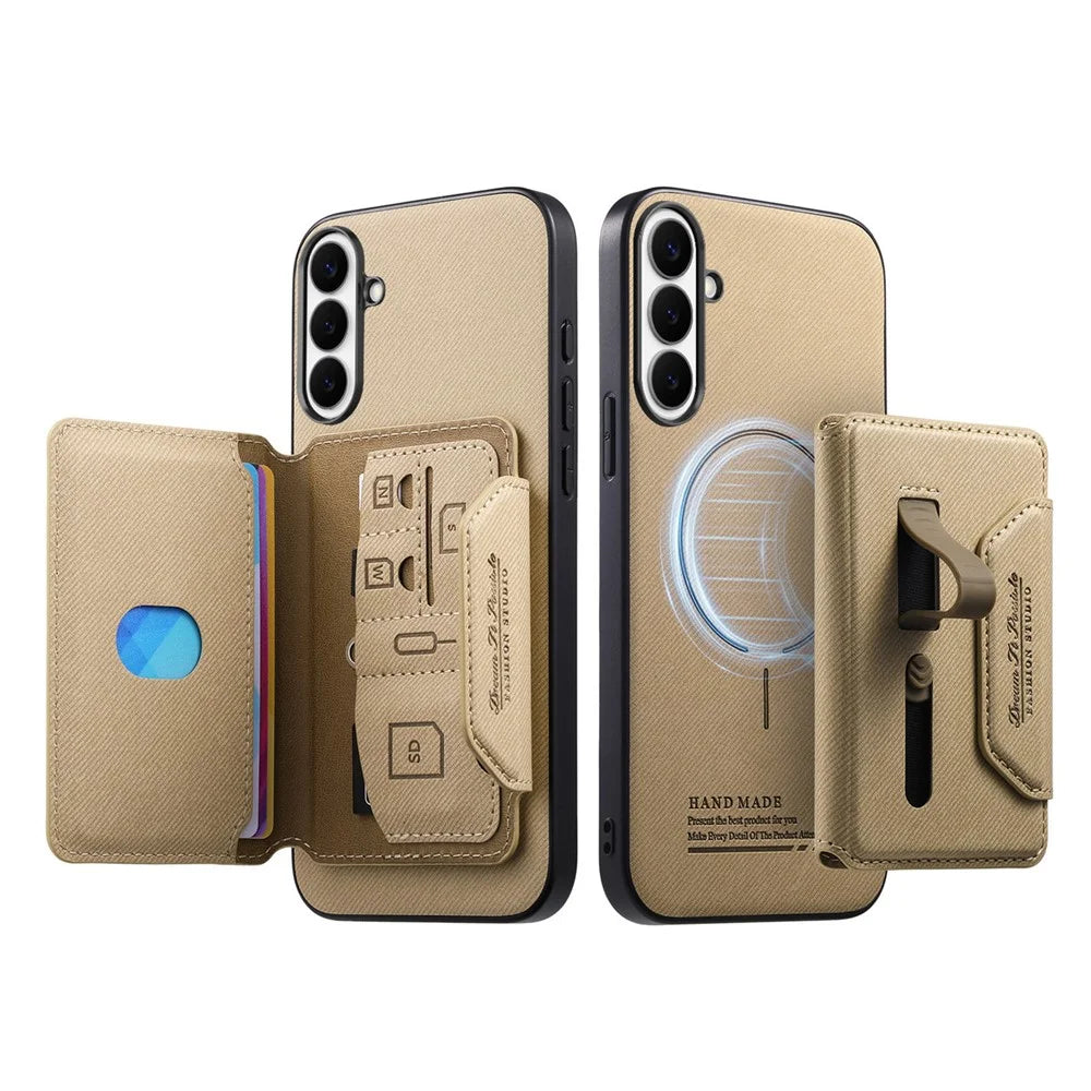 For Samsung Galaxy S26+ Magnetic Case PU Leather + PC + TPU Anti-Scratch Back Cover with Detachable Card Holder - Khaki - 2