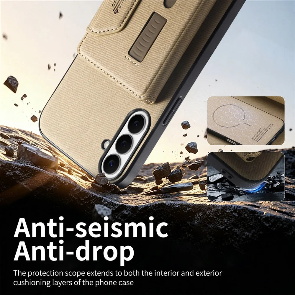 For Samsung Galaxy S26+ Magnetic Case PU Leather + PC + TPU Anti-Scratch Back Cover with Detachable Card Holder - Khaki - 3