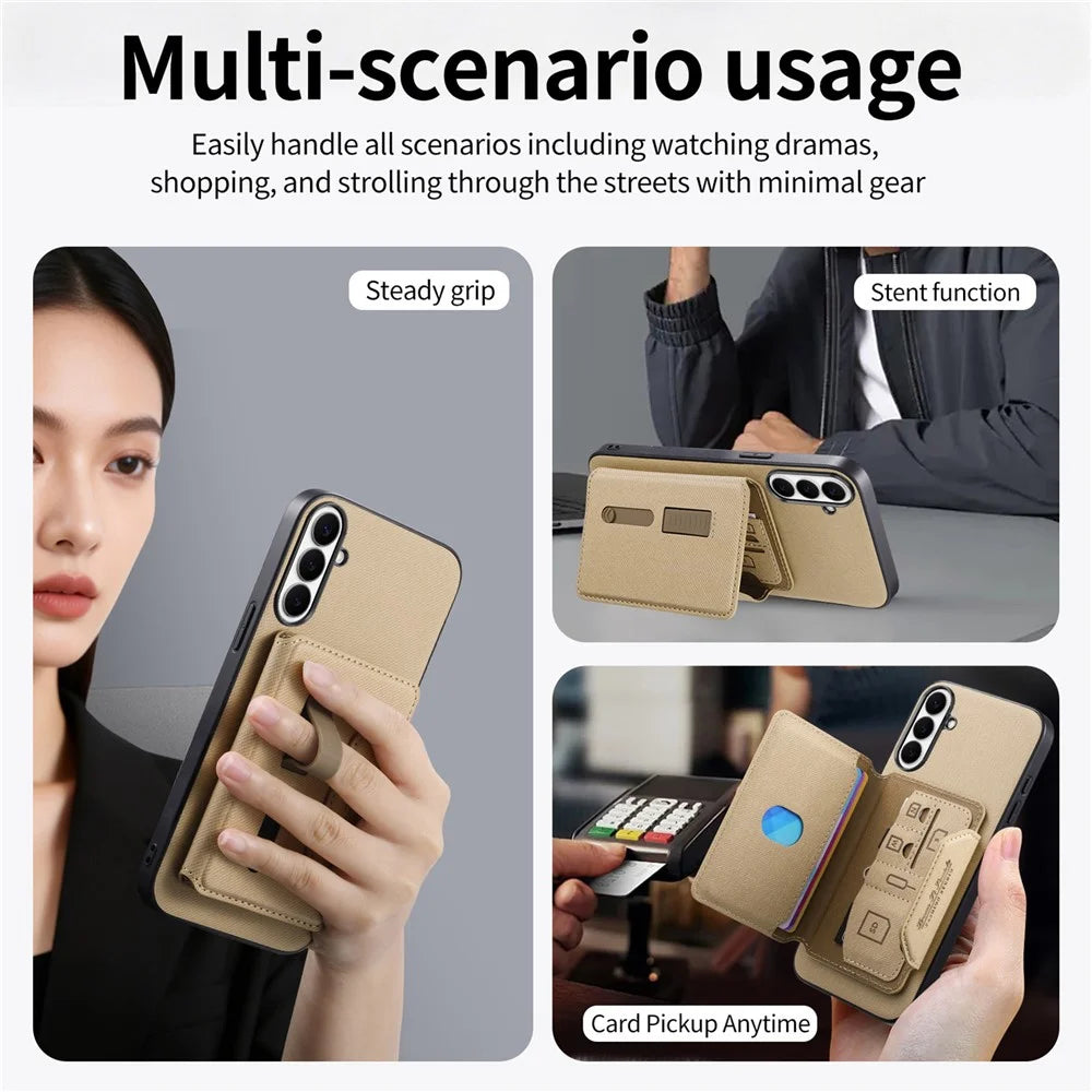 For Samsung Galaxy S26+ Magnetic Case PU Leather + PC + TPU Anti-Scratch Back Cover with Detachable Card Holder - Khaki - 5
