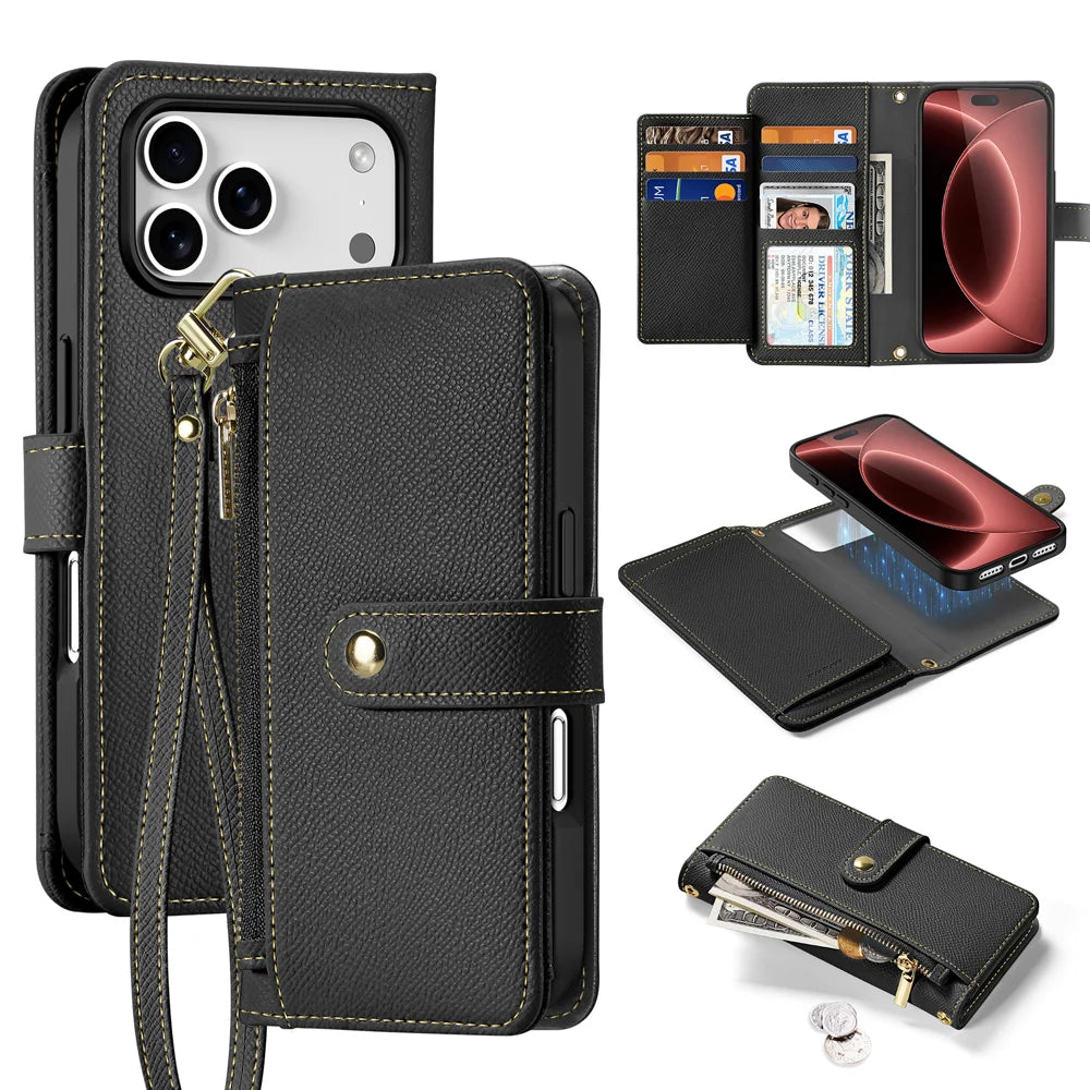 DUX DUCIS for iPhone 18 Pro / 17 Pro Case Lawa Series Detachable Magnetic Cowhide Leather Cover Zipper Wallet - Black - 1