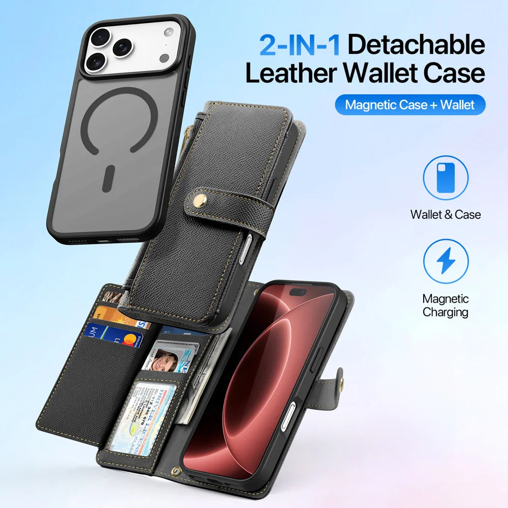 DUX DUCIS for iPhone 18 Pro / 17 Pro Case Lawa Series Detachable Magnetic Cowhide Leather Cover Zipper Wallet - Black - 3