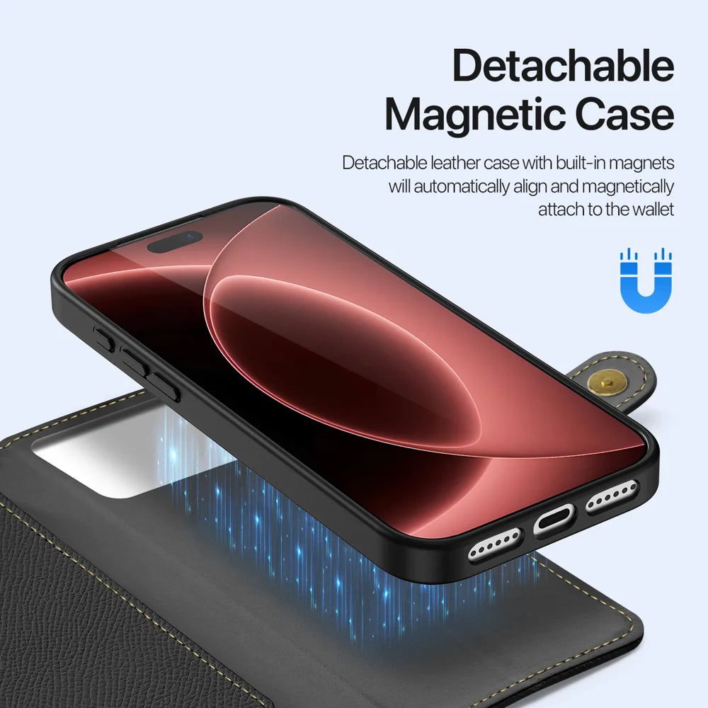 DUX DUCIS for iPhone 18 Pro / 17 Pro Case Lawa Series Detachable Magnetic Cowhide Leather Cover Zipper Wallet - Black - 5