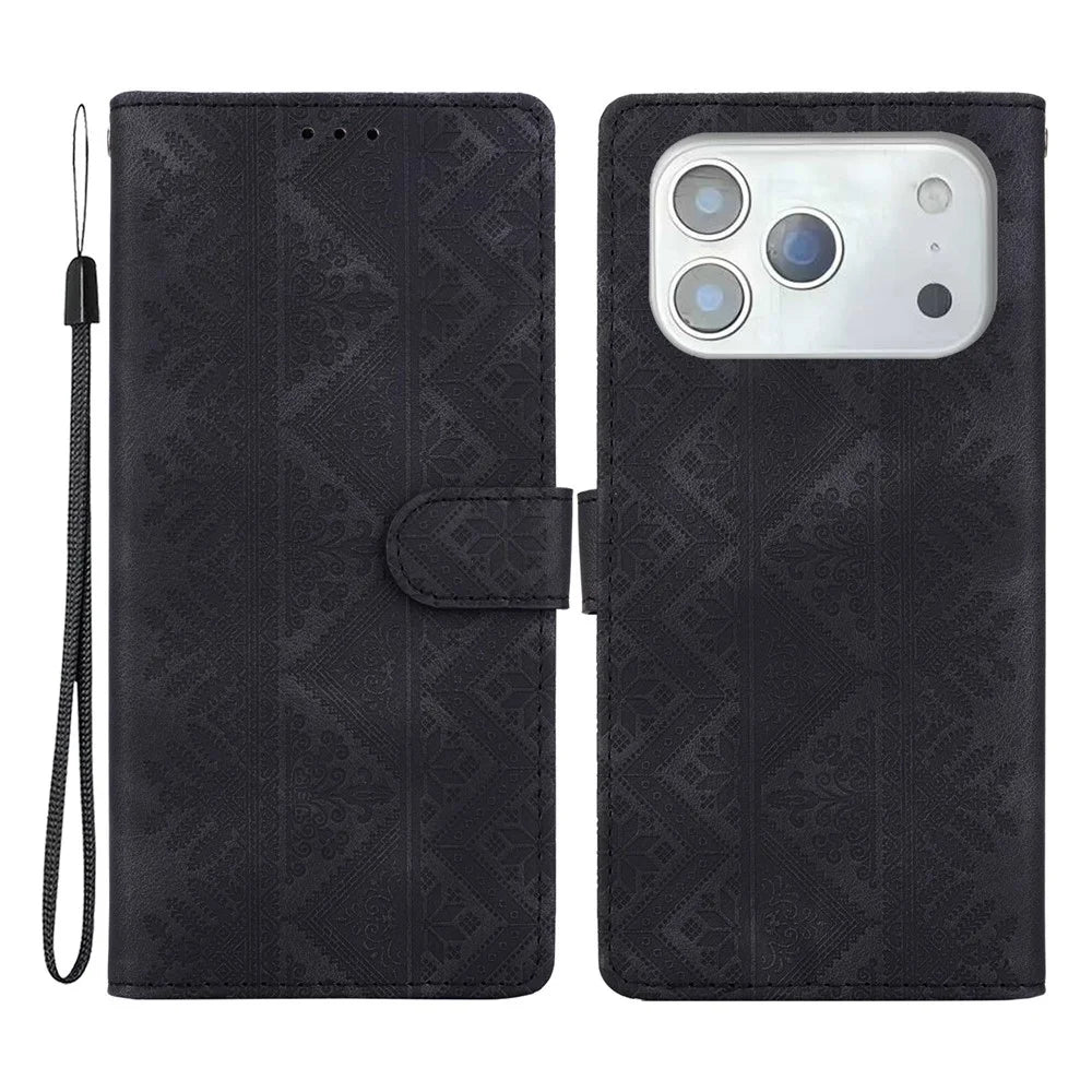 For iPhone 18 Pro / 17 Pro Wallet Case Imprinted Ethnic Pattern Leather Phone Cover with Wrist Strap - Black - 1