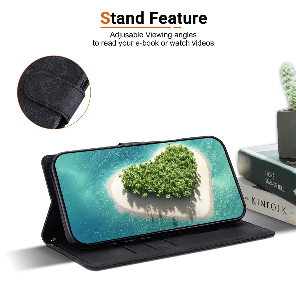 For iPhone 18 Pro / 17 Pro Wallet Case Imprinted Ethnic Pattern Leather Phone Cover with Wrist Strap - Black - 2