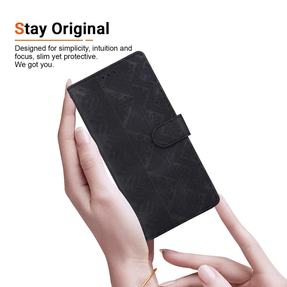 For iPhone 18 Pro / 17 Pro Wallet Case Imprinted Ethnic Pattern Leather Phone Cover with Wrist Strap - Black - 4