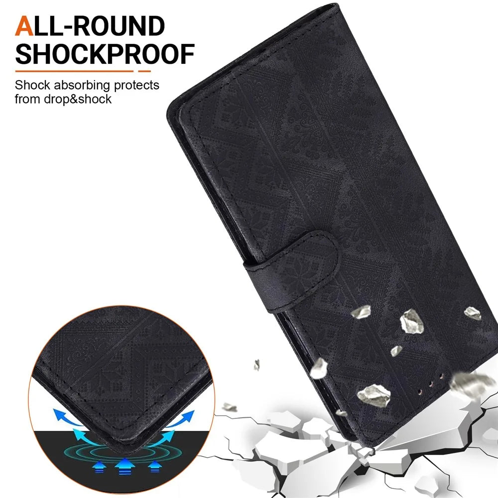 For iPhone 18 Pro / 17 Pro Wallet Case Imprinted Ethnic Pattern Leather Phone Cover with Wrist Strap - Black - 5