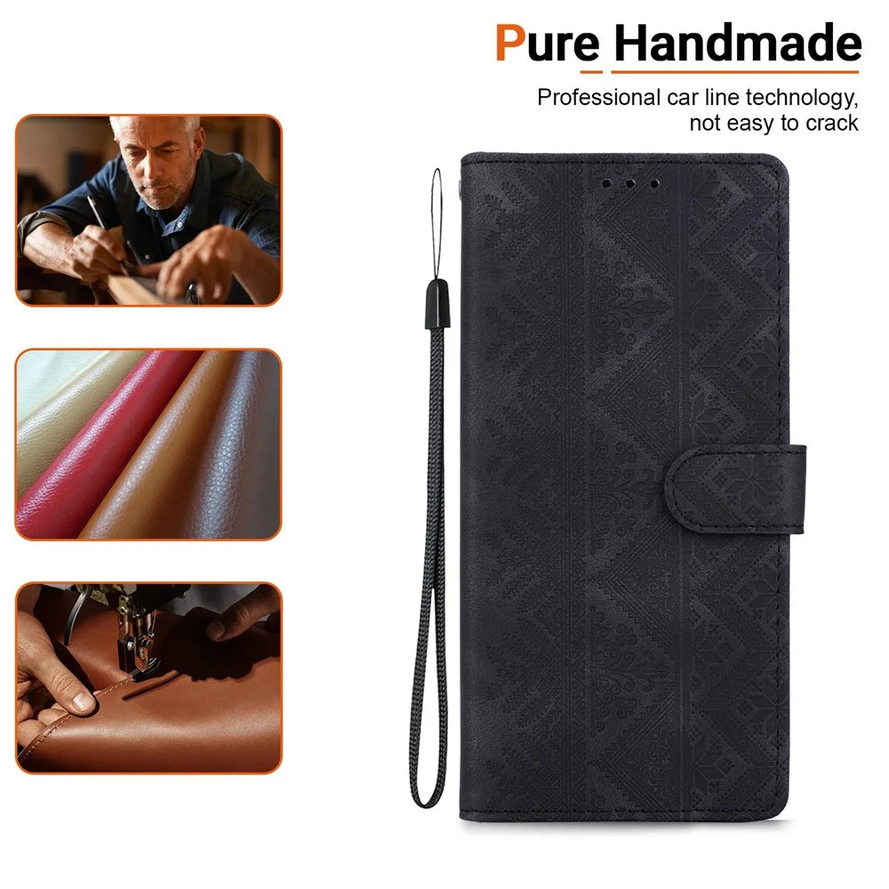 For iPhone 18 Pro / 17 Pro Wallet Case Imprinted Ethnic Pattern Leather Phone Cover with Wrist Strap - Black - 6