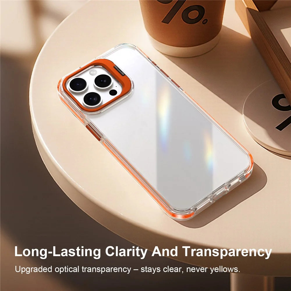 For iPhone 14 Pro Max Case Metal Camera Kickstand Shockproof Clear PC + TPU Phone Cover - Transparent Orange - 6