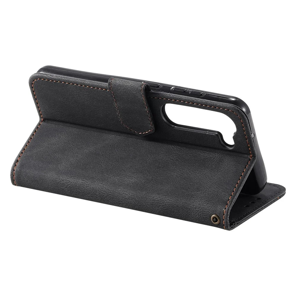 For Samsung Galaxy S23+ Splicing Stitching PU Leather Stand Case Magnetic Clasp Phone Wallet Cover - Black - 4