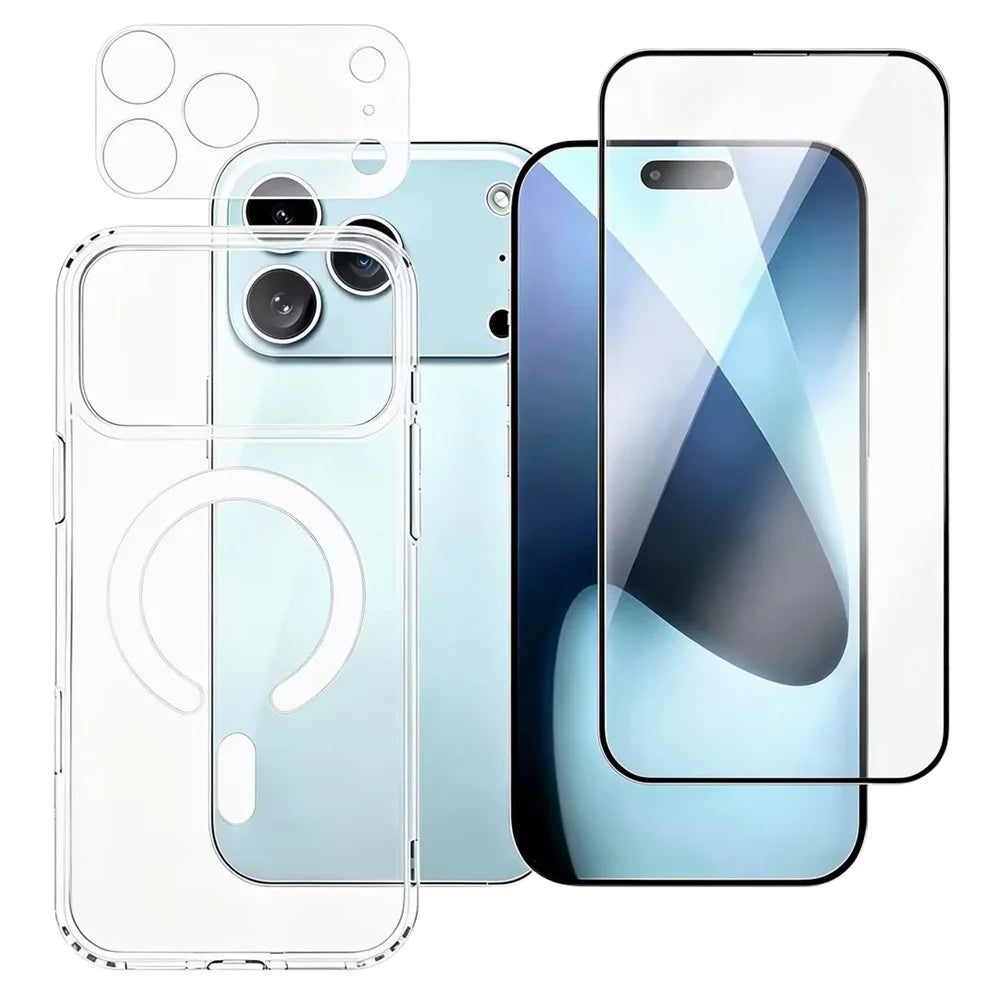 For iPhone 18 Pro Phone Case Compatible with MagSafe with Tempered Glass Screen Film + Clear Lens Film - Transparent - 1