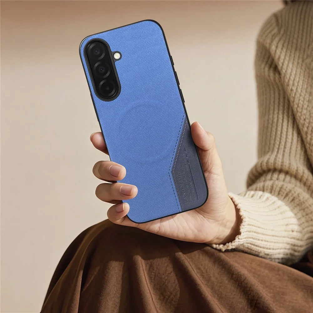 For Samsung Galaxy A56 5G Magnetic Case Cloth Texture PU Leather + PC + TPU Phone Cover - Blue - 7