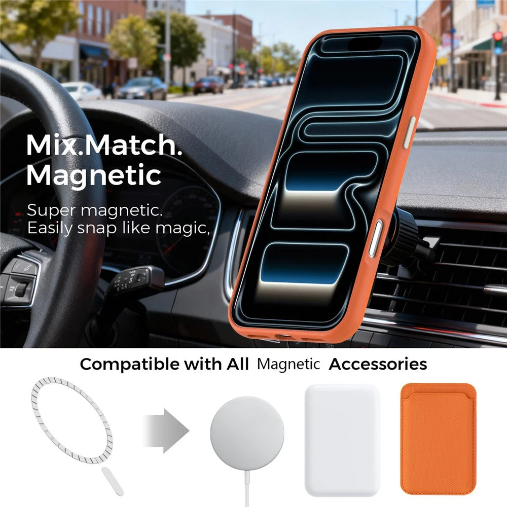 For iPhone 18 Pro Max Case Compatible with MagSafe Fine Grid Texture Leather Coated TPU PC Phone Cover with Metal Lens Frame - Orange - 3