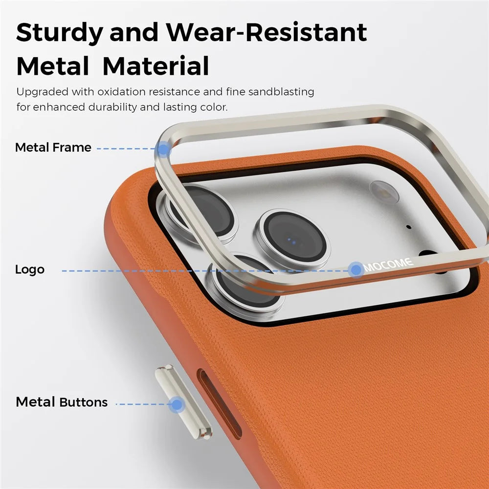 For iPhone 18 Pro Max Case Compatible with MagSafe Fine Grid Texture Leather Coated TPU PC Phone Cover with Metal Lens Frame - Orange - 6