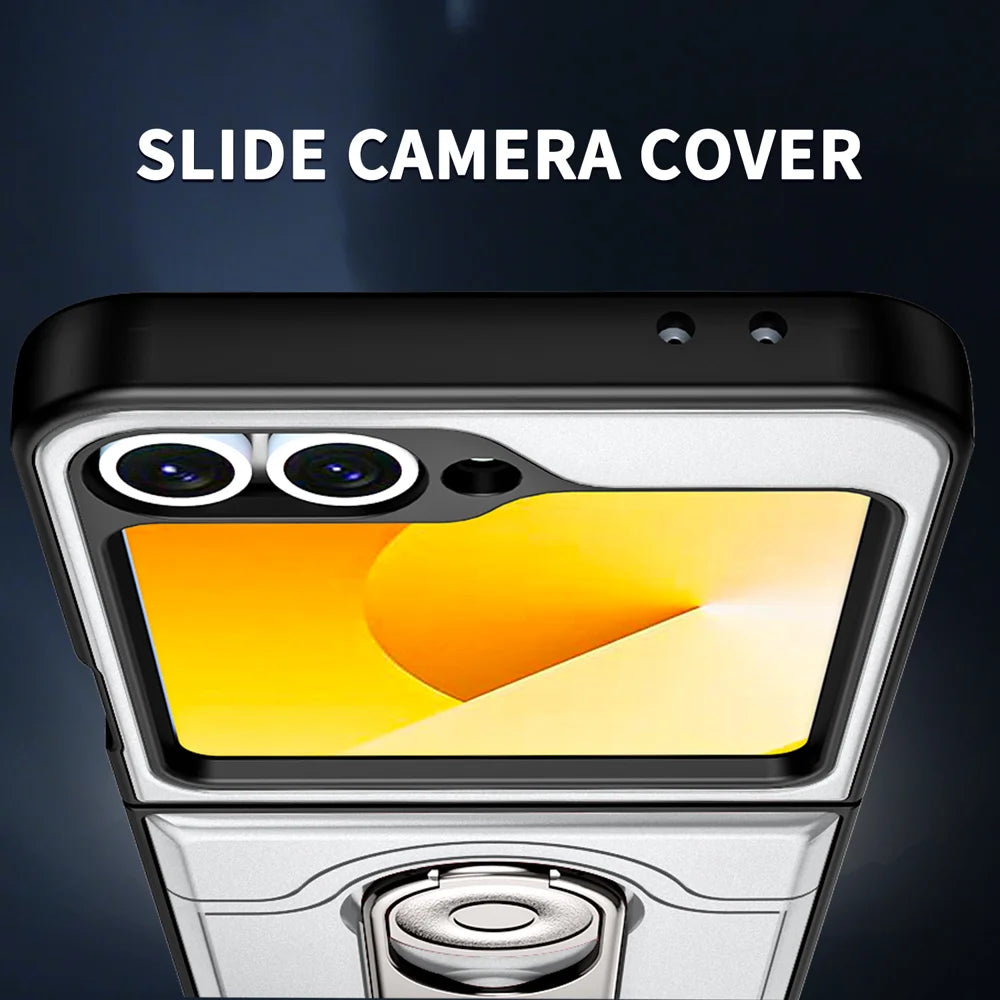 For Samsung Galaxy Z Flip6 5G Case with Slide Camera Cover Kickstand PC + TPU Protective Phone Shell - Silver - 5