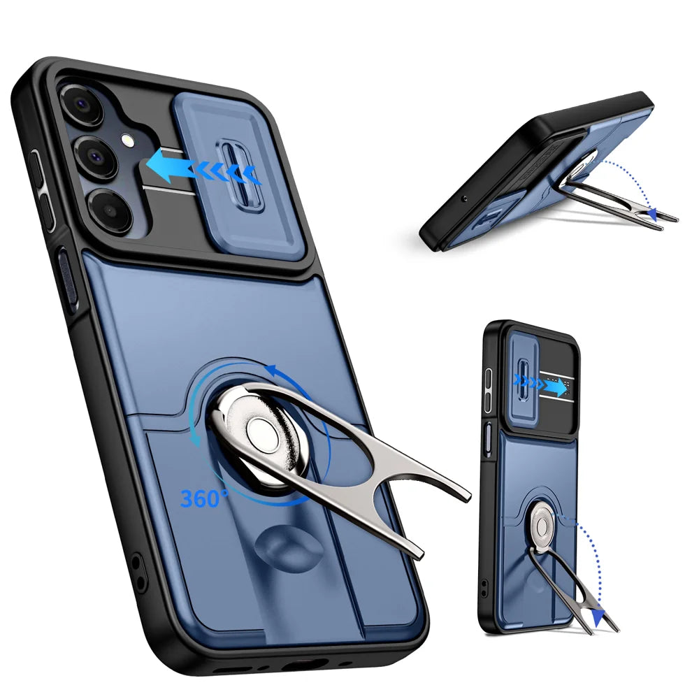 For Samsung Galaxy S24 / Galaxy S25 Case with Slide Camera Cover Kickstand PC + TPU Protective Phone Shell - Blue - 1