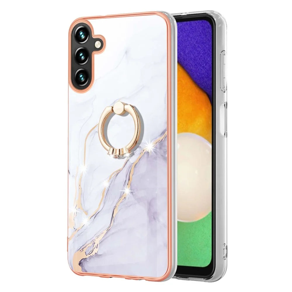 For Samsung Galaxy A14 5G / A14 4G Case with Ring Kickstand Marble Pattern Electroplating TPU Back Cover - White 006 - 2
