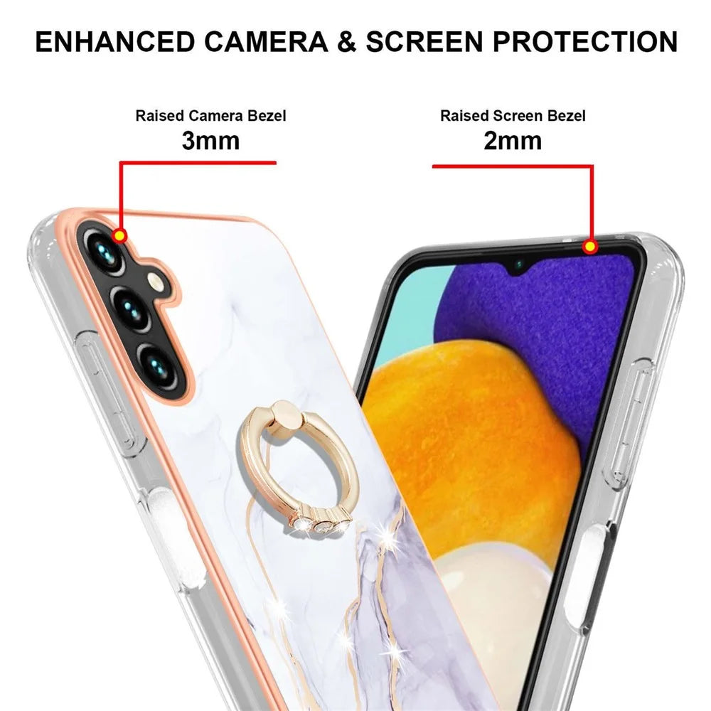 For Samsung Galaxy A14 5G / A14 4G Case with Ring Kickstand Marble Pattern Electroplating TPU Back Cover - White 006 - 3