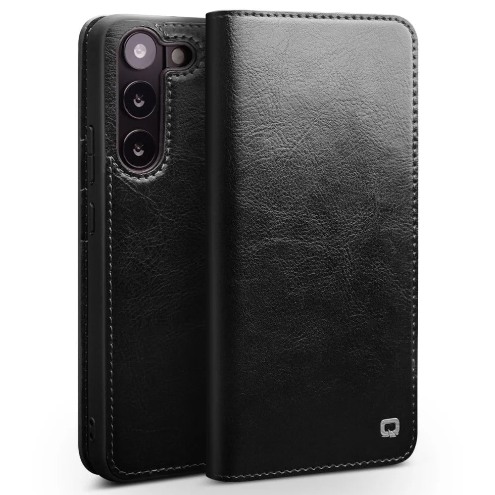 QIALINO For Samsung Galaxy S23+ Genuine Leather Case Drop-Proof Business Style Flip Cover Wallet Stand - Black - 1