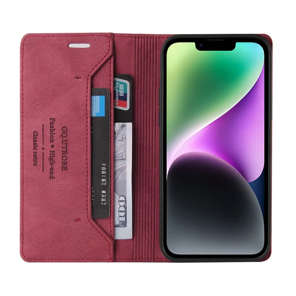 GQ.UTROBE 008 Series For iPhone 14 Plus Fall Proof RFID Blocking Skin-touch Feeling PU Leather Stand Wallet Phone Case - Wine Red - 2