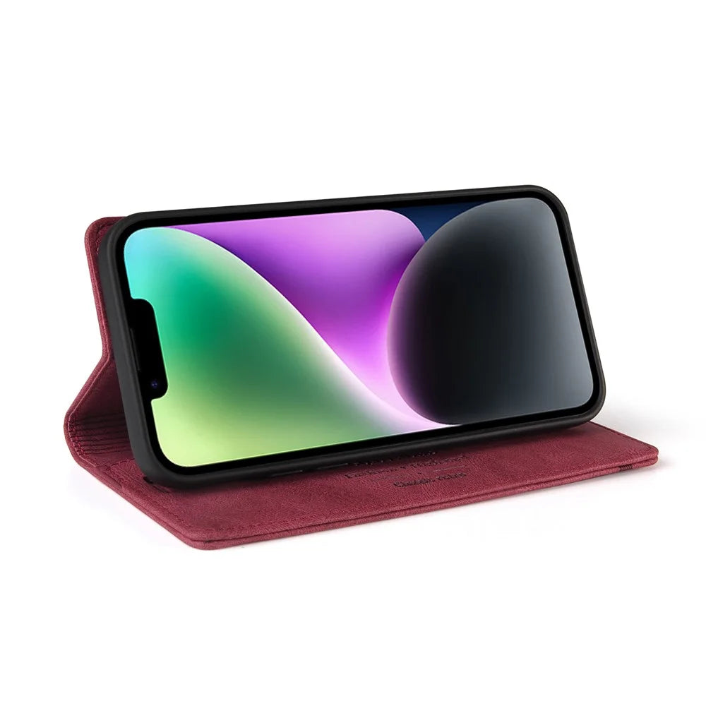 GQ.UTROBE 008 Series For iPhone 14 Plus Fall Proof RFID Blocking Skin-touch Feeling PU Leather Stand Wallet Phone Case - Wine Red - 3