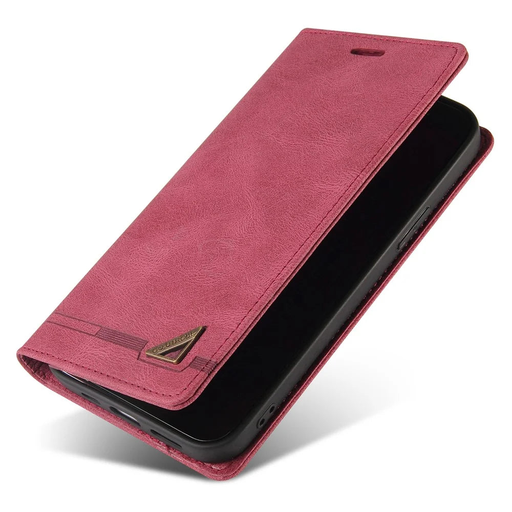 GQ.UTROBE 008 Series For iPhone 14 Plus Fall Proof RFID Blocking Skin-touch Feeling PU Leather Stand Wallet Phone Case - Wine Red - 6