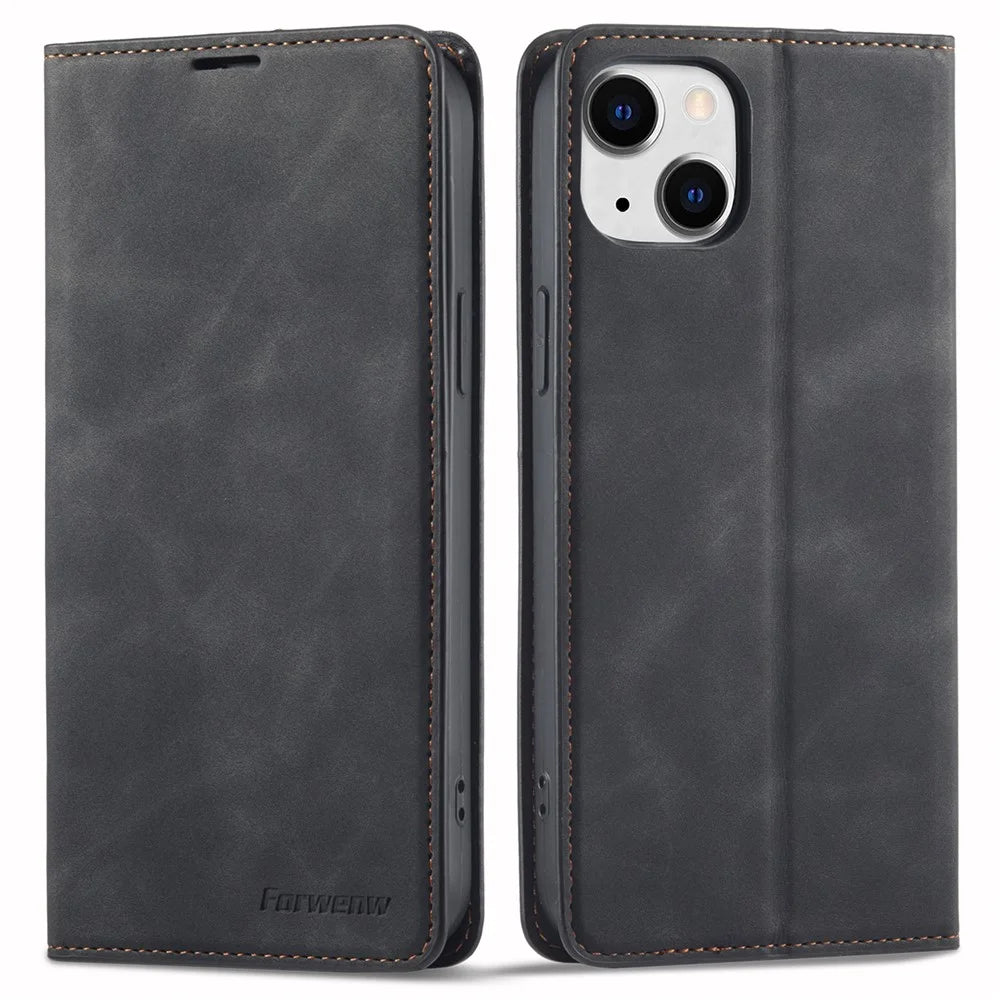 FORWENW for iPhone 14 Fantasy Series Cell Phone Cover Skin-friendly Leather Stand Wallet Drop-proof Flip Phone Case - Black - 1