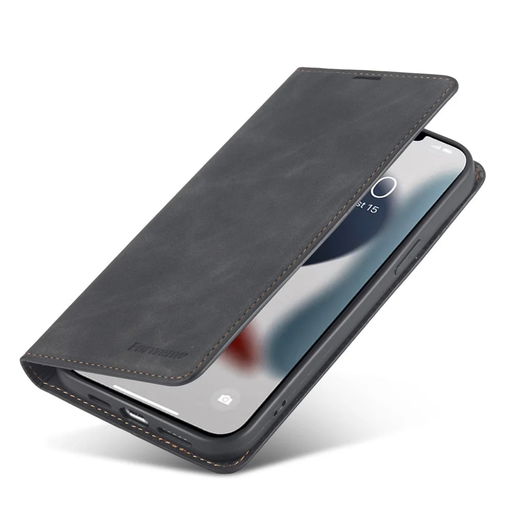 FORWENW for iPhone 14 Fantasy Series Cell Phone Cover Skin-friendly Leather Stand Wallet Drop-proof Flip Phone Case - Black - 4