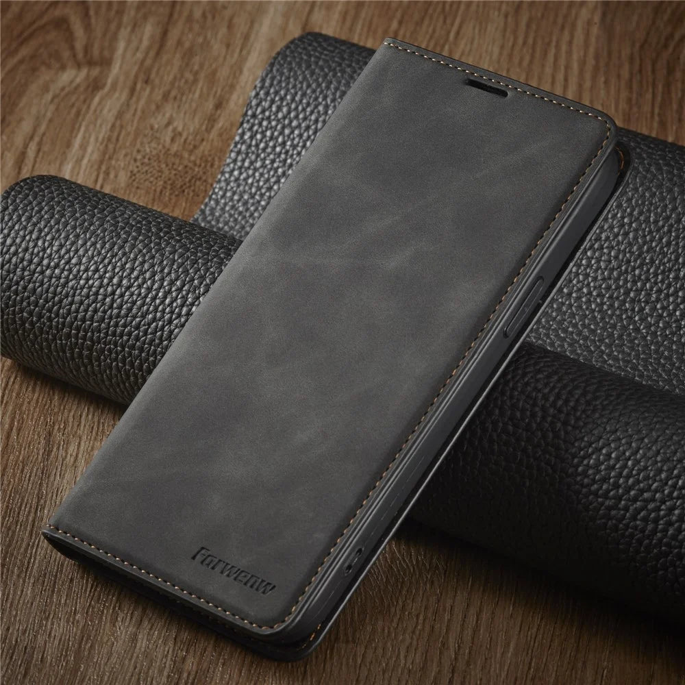 FORWENW for iPhone 14 Fantasy Series Cell Phone Cover Skin-friendly Leather Stand Wallet Drop-proof Flip Phone Case - Black - 6