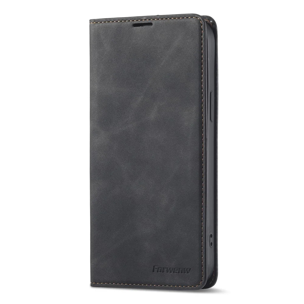 FORWENW for iPhone 14 Fantasy Series Cell Phone Cover Skin-friendly Leather Stand Wallet Drop-proof Flip Phone Case - Black - 7