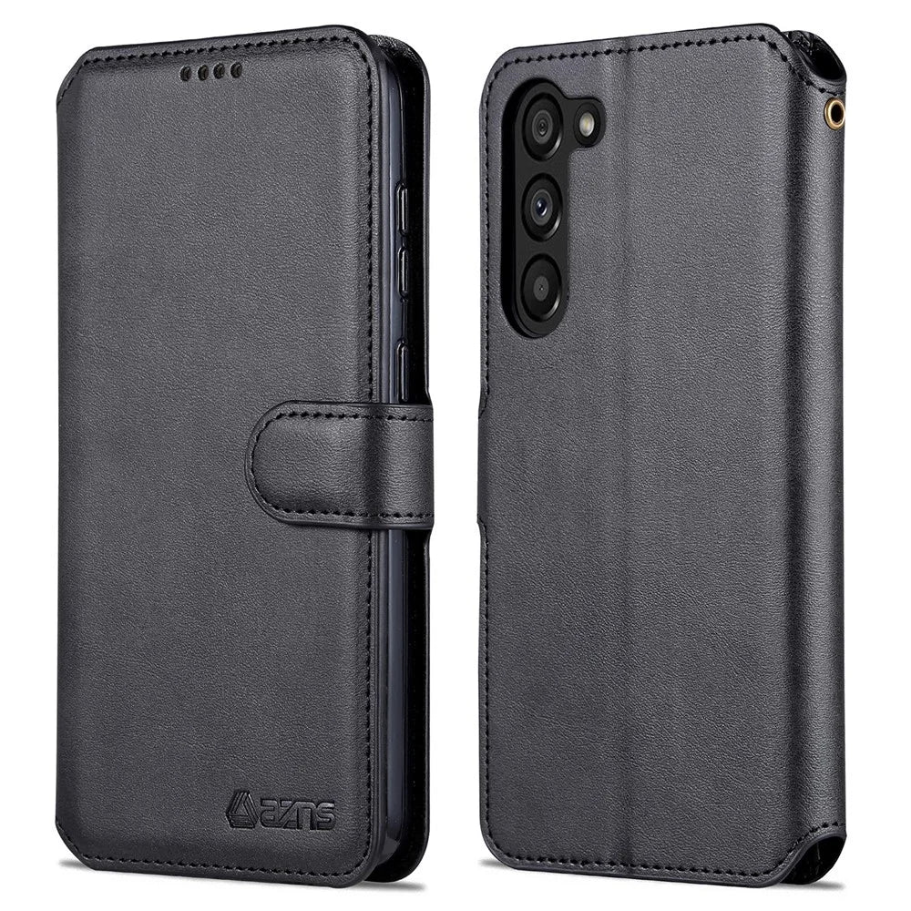 AZNS Anti-fall Phone Case For Samsung Galaxy S23 Calf Texture Leather Flip Phone Cover with Wallet Stand - Black - 1