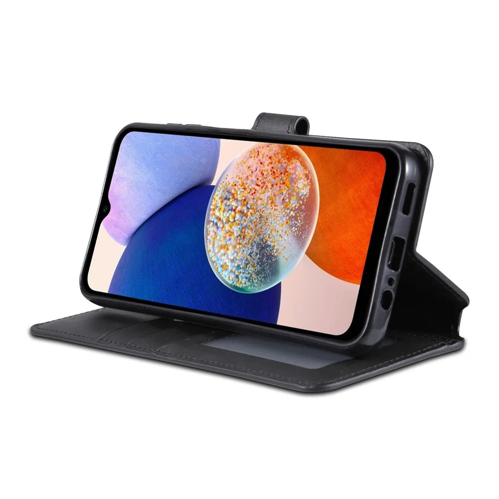 AZNS Drop-proof Phone Case For Samsung Galaxy A14 5G / A14 4G Calf Texture Leather Phone Wallet Cover Stand - Black - 3