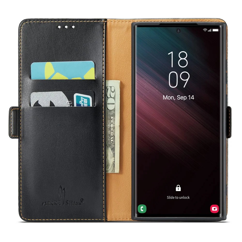 FIERRE SHANN for Samsung Galaxy S23 Ultra Cell Phone Stand Case PU Leather Wallet Phone Cover - Black - 2