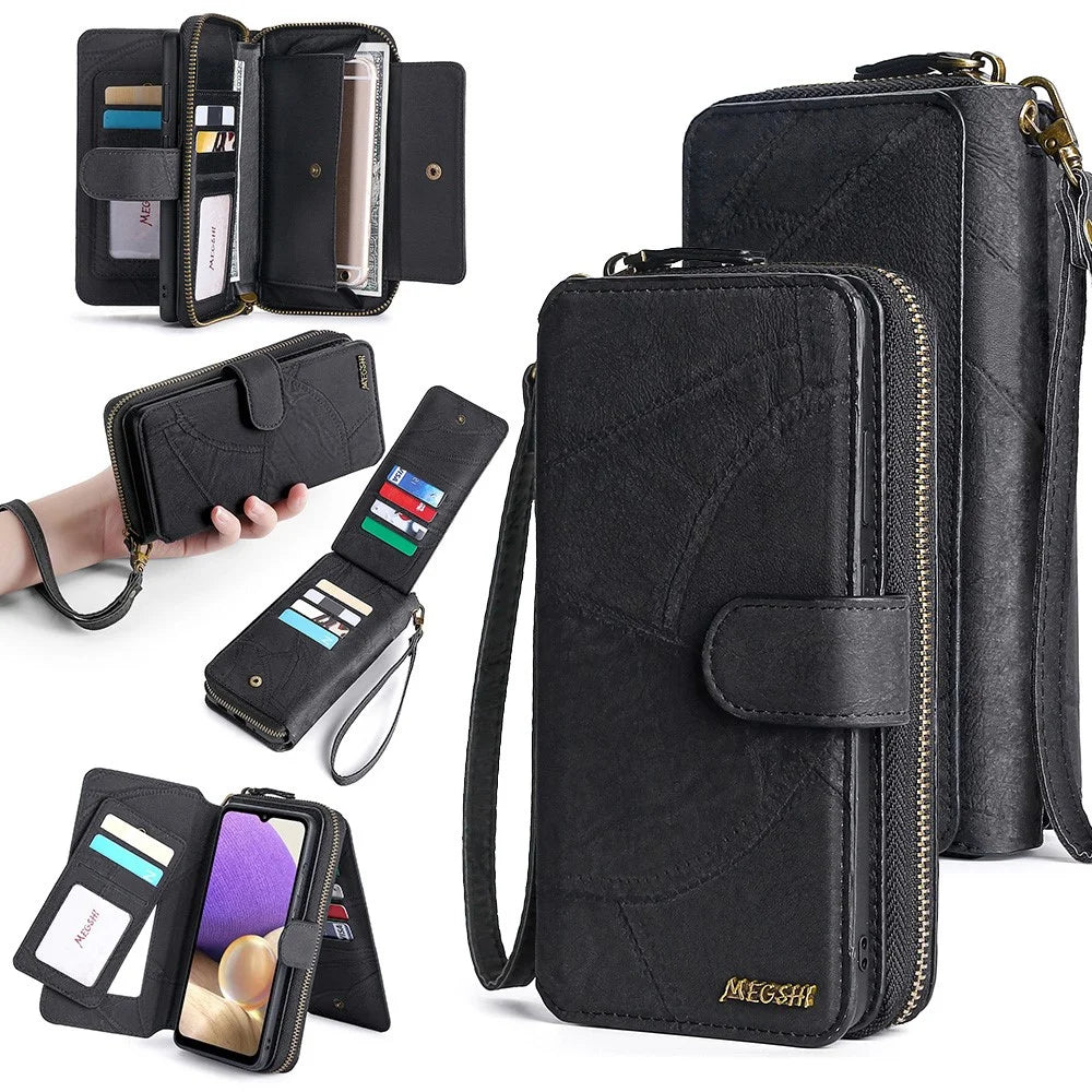 MEGSHI 004 Series Wallet Case for Samsung Galaxy A52 4G / 5G / A52s 5G , PU Leather Zipper Detachable Stand Phone Cover - Black - 1