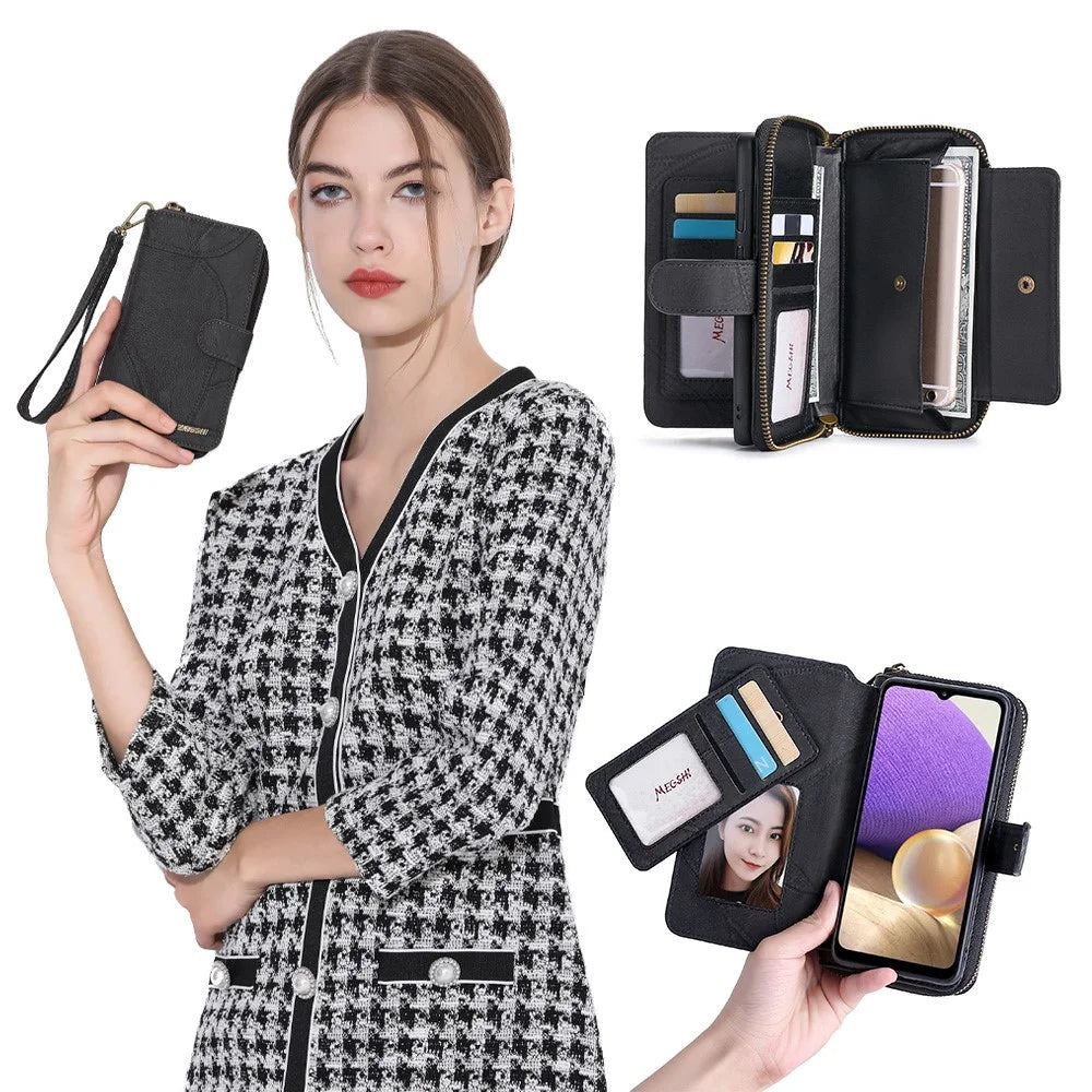 MEGSHI 004 Series Wallet Case for Samsung Galaxy A52 4G / 5G / A52s 5G , PU Leather Zipper Detachable Stand Phone Cover - Black - 4