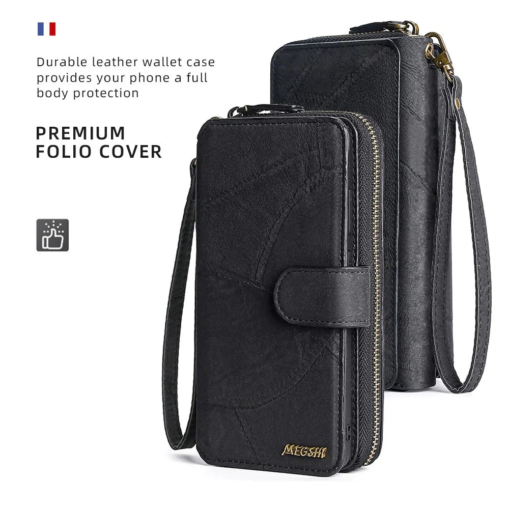 MEGSHI 004 Series Wallet Case for Samsung Galaxy A52 4G / 5G / A52s 5G , PU Leather Zipper Detachable Stand Phone Cover - Black - 6