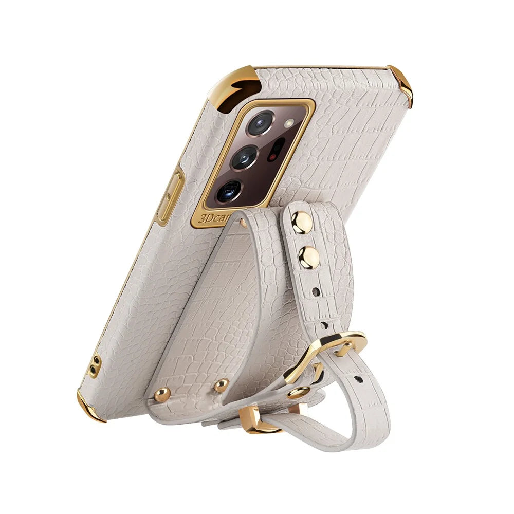 For Samsung Galaxy Note20 Ultra / Note20 Ultra 5G Crocodile Texture Anti-scratch Phone Case Hand Strap Kickstand PU Leather Coated TPU Cover - White - 4