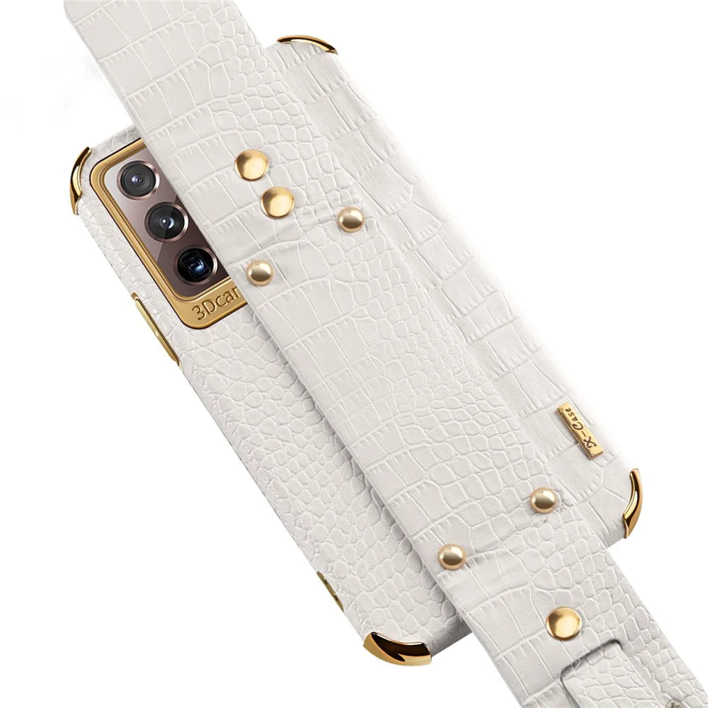 For Samsung Galaxy Note20 Ultra / Note20 Ultra 5G Crocodile Texture Anti-scratch Phone Case Hand Strap Kickstand PU Leather Coated TPU Cover - White - 6