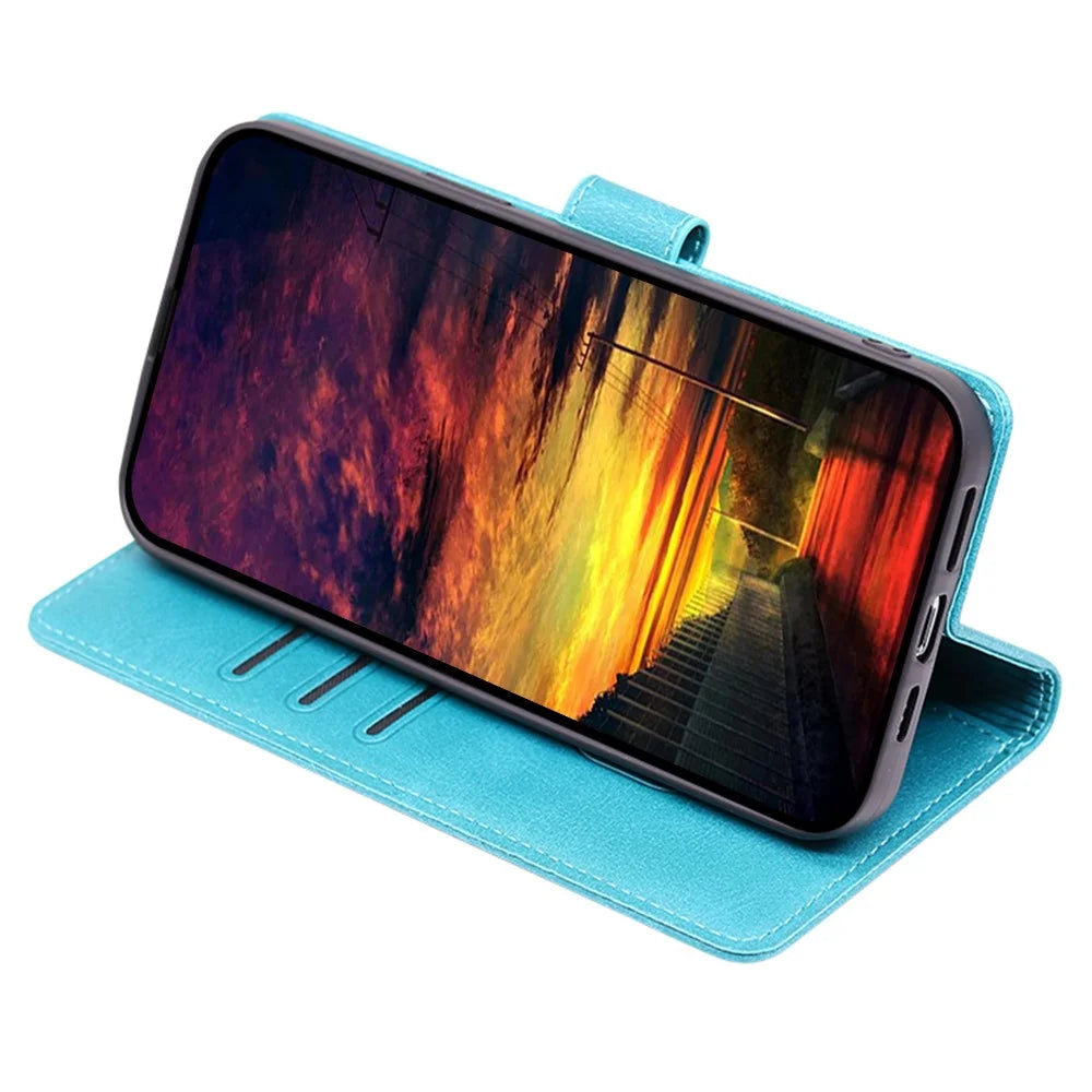 Phone Folio Cover for Nokia C32 Calf Texture Stand Wallet PU Leather + TPU Protective Case - Baby Blue - 2