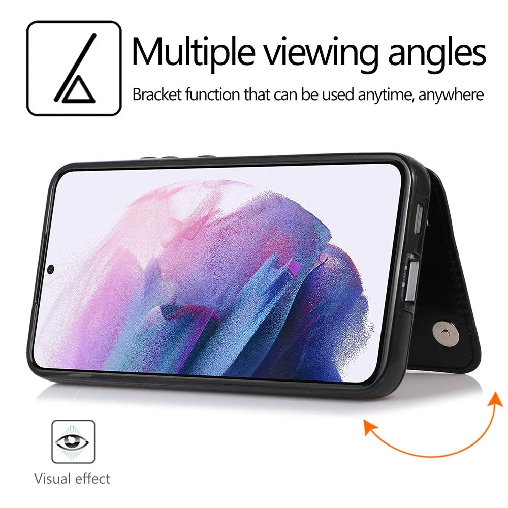 For Samsung Galaxy S23 PU Leather Coated TPU Phone Case Dual Buttons Card Holder Kickstand Cover - Black - 4