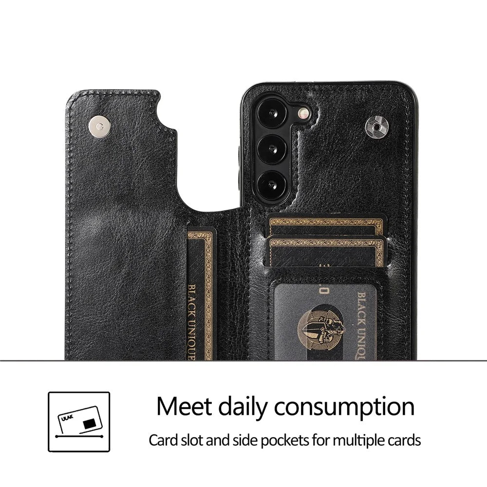 For Samsung Galaxy S23 PU Leather Coated TPU Phone Case Dual Buttons Card Holder Kickstand Cover - Black - 6